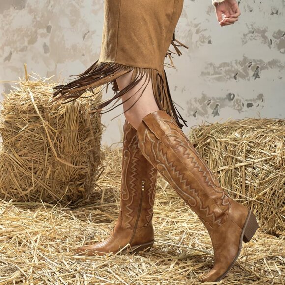 Women's Classic Attract Floral Brown Embroidered Chunky Heel Tall Boot - Picture 5 of 6